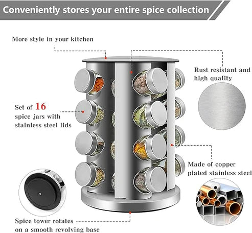 16 Jar Spice Storage Stainless Steel Revolving Spice Masala Jar