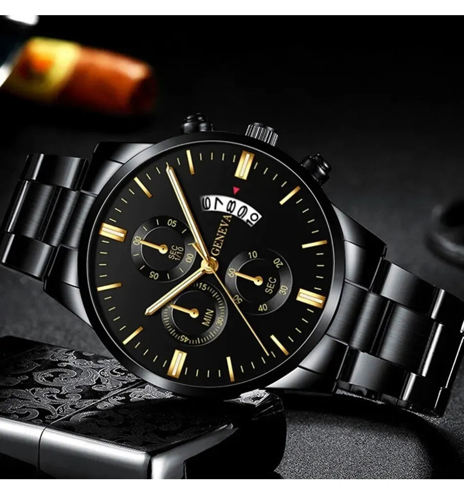 Fashion Men Black Stainless Steel Watch Luxury Calendar Quartz Wrist Watch